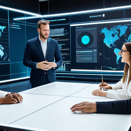 A diverse group of professionals, including male and female individuals of varying ethnicities, engaged in a collaborative and insightful discussion around an advanced, transparent AI interface. All subjects are fully clothed in modest, appropriate business attire, exuding a professional dress code. The setting is a brightly lit, modern innovation laboratory or a collaborative tech office. The AI interface is depicted as a holographic display or a large screen, presenting clear, understandable data visualizations that explicitly illustrate balanced datasets and transparent decision-making processes, avoiding any "black box" visuals. The atmosphere is one of positive engagement and problem-solving. perfect anatomy, correct proportions, natural pose, well-formed hands, proper finger count, natural body proportions, professional photography, high quality, crisp detail, soft studio lighting, clean lines, professional art style, safe for work, appropriate content, fully clothed, professional.