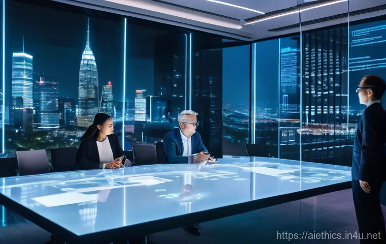 AI 윤리와 AI 윤리적 AI 정부 정책 - **Prompt:** A diverse group of policy makers, legal experts, and technology leaders, dressed in smar...