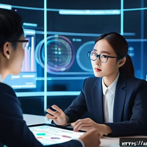 Home 30 AI 윤리와 AI 윤리적 AI 소프트웨어 개발 - A futuristic office scene depicting human-AI collaboration, showing a diverse group of professionals...