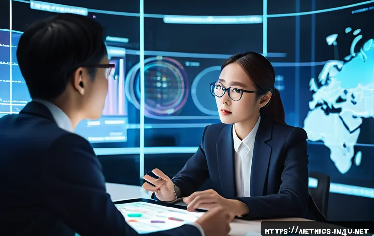 AI 윤리와 AI 윤리적 AI 소프트웨어 개발 - A futuristic office scene depicting human-AI collaboration, showing a diverse group of professionals...