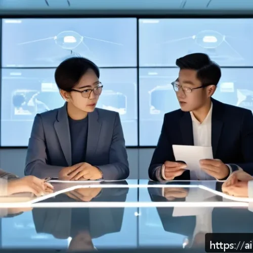Home 29 AI 윤리와 AI 윤리적 AI 기술 윤리 - A futuristic office setting showing a diverse team of engineers and ethicists collaboratively design...
