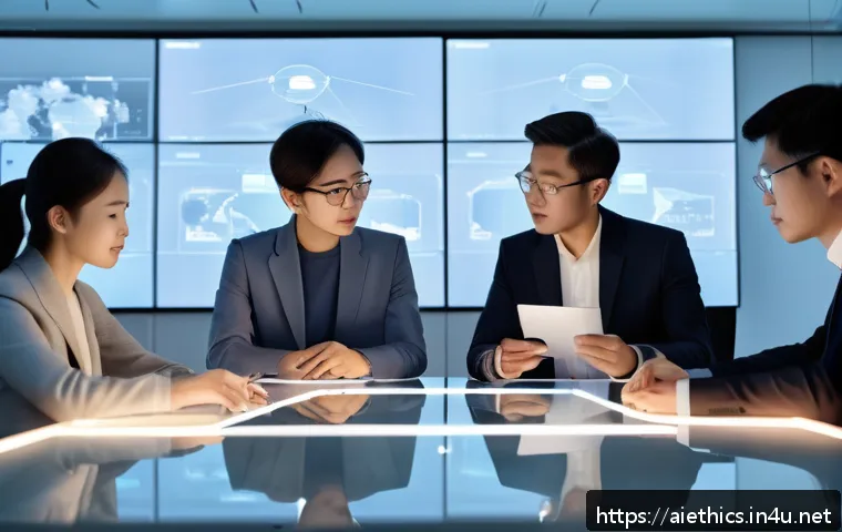 AI 윤리와 AI 윤리적 AI 기술 윤리 - A futuristic office setting showing a diverse team of engineers and ethicists collaboratively design...