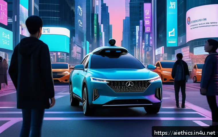 AI 윤리와 AI 윤리적 AI 법적 책임 - A futuristic scene depicting an autonomous self-driving car at a crossroads during a critical decisi...