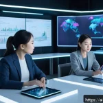 Home 21 AI 윤리와 AI 공공정책 - A futuristic public administration office scene showing diverse government employees and AI-powered ...