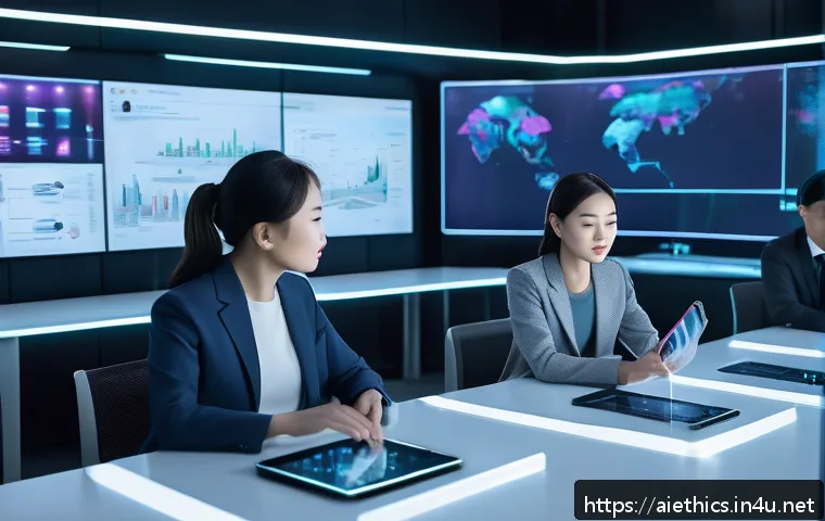 AI 윤리와 AI 공공정책 - A futuristic public administration office scene showing diverse government employees and AI-powered ...