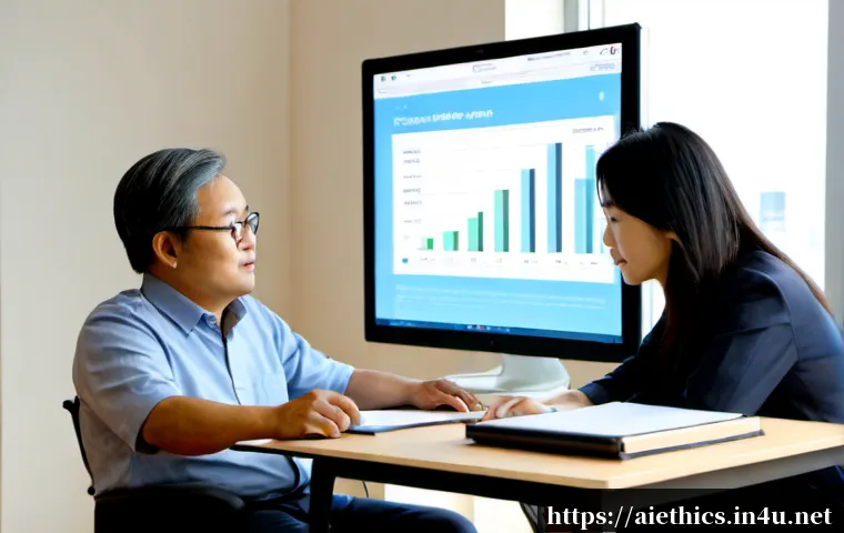 AI 윤리와 차별 방지 - Photorealistic diverse team of professionals reviewing an AI fairness dashboard on a large blank mon...