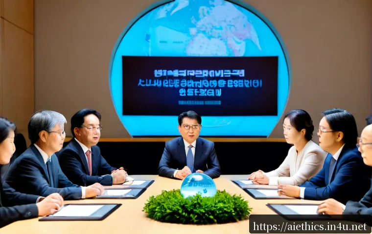 AI 윤리와 AI 윤리적 AI 국제 협력 - Photorealistic international roundtable on ethical artificial intelligence, diverse diplomats, resea...