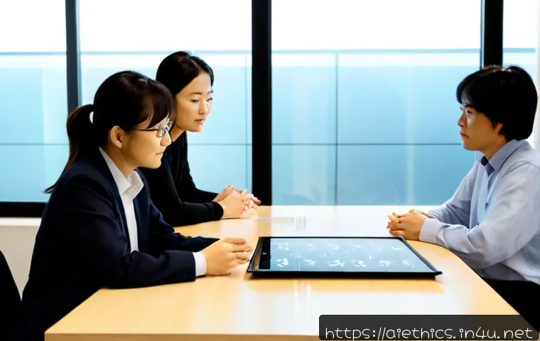 AI 윤리와 AI 윤리 연구 - Photorealistic university AI ethics research meeting, diverse team of researchers including an older...