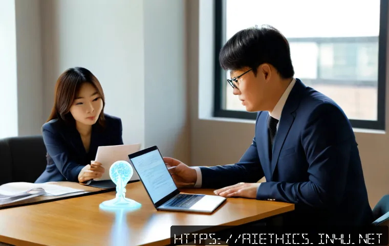 AI 윤리와 AI 법률 자문 - Photorealistic modern legal consultation scene, diverse AI ethics specialist and attorney seated acr...